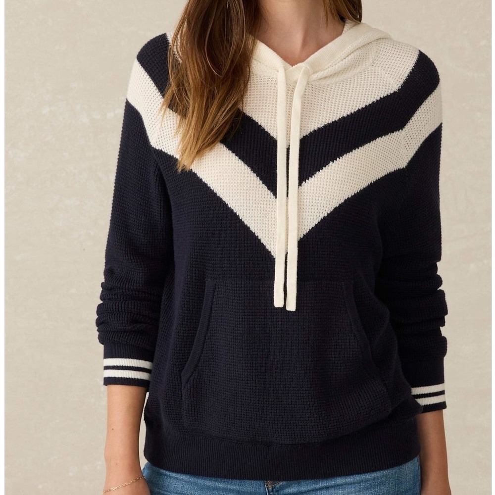 Faherty Throwback Waffle Hoodie Navy White Chevron Organic Cotton Cashmere Small